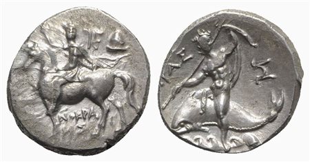 Southern Apulia, Tarentum, Nomos, ca. 240-228 BC. AR (g 6,43; mm 20; h 3). Xenokrates, magistrate. Rider on horseback l.; monogram and helmet to r., XE-NOKPA/T-HΣ below; Rv. [TA]PAΣ, Phalanthos astride dolphin l., holding trident 