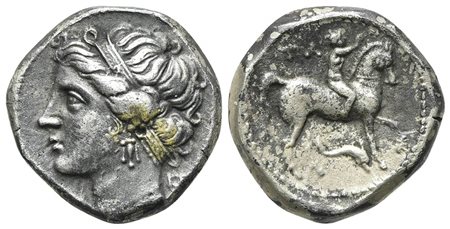 Southern Apulia, Tarentum, Campano-Tarentine series, Didrachm, ca. 281-272 BC. AR (g 6,17; mm 19; h 12). Diademed head of Satyra l.; Rv. Nude youth on horseback r., crowning horse with wreath; TA to l., dolphin below. Vlasto 1012–