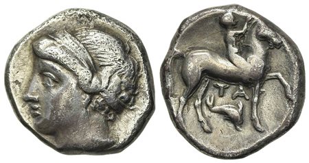 Southern Apulia, Tarentum, Campano-Tarentine series, Didrachm, ca. 281-272 BC. AR (g 6.78; mm 18.5; h 9). Diademed head of nymph l.; Rv. Youth on horseback r., crowning horse with wreath; dolphin and TA below. Vlasto 1036–7; HNIta