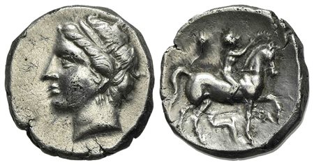 Southern Apulia, Tarentum, Campano-Tarentine series, Didrachm, ca. 281-272 BC. AR (g 7.26, mm 20, h 6). Diademed head of nymph l., wearing triple-pendant earring and necklace; Rv. Nude youth on horseback r., crowning horse and hol