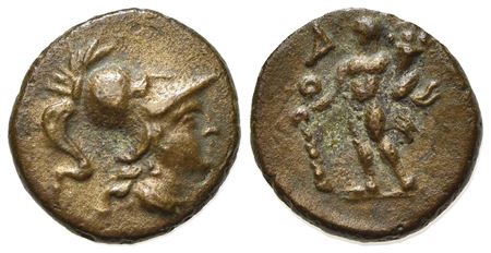 Southern Apulia, Uxentum, ca. 150-125 BC. AE (g 1,96; mm 14; h 12). Helmeted head of Athena r.; Rv. AO, Herakles standing l., holding club and cornucopia. HNItaly 1100; SNG ANS 1616-17. Brown patina, good very fine