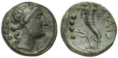 Northern Lucania, Paestum, Triens, ca. 264-241 BC. AE (g 3,61; mm 15; h 12). Female head r., wearing ivy-wreath; at l. four pellets, Rv. PAIS, cornucopiae; at l. four pellets and branch. HNItaly 1216. Green patina and extremely fi