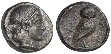 Northern Lucania, Velia, Drachm, ca. 465-440 BC; AR (g 3,99; mm 15; h 5); Head of nymph r. Rv. YEΛH; Owl standing r. on olive branch. HNItaly 1265; SNG ANS 1234. Very fine