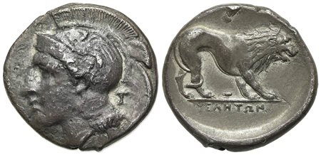Northern Lucania, Velia, Didrachm, ca. 400-340 BC; AR (g 7.41; mm 22; h 12). T Group. Head of Athena l., wearing crested Attic helmet decorated with griffin; T behind; Rv. Lion standing r.; owl flying above, T below; YEΛHTΩN in ex