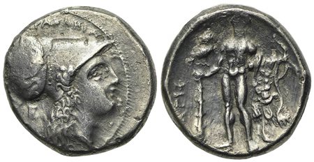 Southern Lucania, Herakleia, Stater, ca. 281-278 BC; AR (g 7.41; mm 20.5; h 2). [|-H]PAKΛHIΩN, Head of Athena r., wearing crested Corinthian helmet decorated with Skylla hurling a stone; E behind neck; Rv. Herakles standing facing