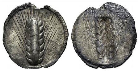 Southern Lucania, Metapontion, Stater, ca. 540-510 BC; AR (g 7,82; mm 29; h 12). META, Barley-ear; Rv. Incuse barley ear. Noe 75; HNItaly 1467. Toned, minor lack of metal, otherwise near extremely fine