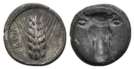 Southern Lucania, Metapontion, Triobol, ca. 470-440 BC; AR (g 1,31; mm 12; h 6); Barley ear; Rv. Incuse bucranium. Noe 283; HNItaly 1487. Toned, very fine