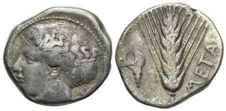Southern Lucania, Metapontion, Stater, ca. 400-340 BC. AR (g 6,47; mm 20; h 8). Head of Demeter l., wearing barley ear wreath; spray of barley behind, [APIΣTO] on truncation of neck; Rv. META, Barley ear, leaf to l., murex shell a