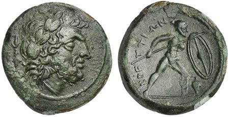 Bruttium, The Brettii, ca. 211-208 BC; AE Unit (g 7,50; mm 23; h 6); Laureate head of Zeus r.; thunderbolt behind Rv. BPETTIΩN, Naked warrior advancing r., holding shield and spear; grape bunch below shield. Scheu 38; HNItaly 1988