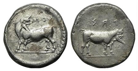 Bruttium, Laos, Stater, ca. 480-460 BC. AR Stater (g 7,99; mm 19,5; h 12). NOΣ (retrograde), Man headed bull l., head reverted; Rv. ΛAΣ (retrograde), Man headed bull standing r. Sternberg -; HNItaly 2275; SNG ANS 135. Rare, good v