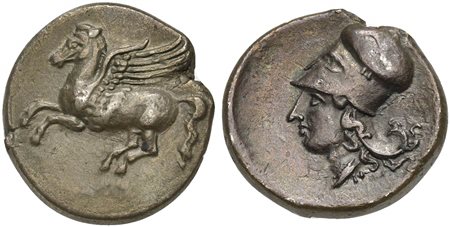 Bruttium, Memsa, Stater, c. 330-320 BC. AR (g 8,02, mm 22, h 9). Pegasos flying l.; monogram below, Rv. Head of Athena l., wearing Corinthian helmet; tiny M below. HNItaly 2425; SNG ANS 587. Very rare, cabinet tone. Extremely fine