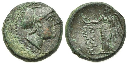 Bruttium, Petelia, late 3rd century BC; AE (g 3.99; mm 15.5; h 6); Helmeted head of Ares r. Ev. ΠETHΛINΩN, Nike standing l., holding wreath. HNItaly 2456; SNG ANS 607. Good very fine