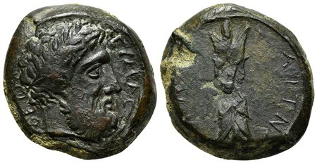 Sicily, Aitna, Hemidrachm, ca. 344-339/8 BC. AE (g 11,23; mm 23; h 3). ZEYΣ EΛEYΘEPIOΣ, Laureate head of Zeus Eleutherios r.; Rv. AITNAIΩN, Upright thunderbolt. Campana 7; CNS 7; HGC 2, 73. Rare, good very fine