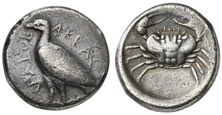 Sicily, Akragas, Tetradrachm, ca. 465/460–445/440 BC. AR (g 17,58; mm 25; h 7). AKRAC - ANTOΣ, eagle standing l., Rv. crab within incuse circle. Westermark, Coinage, Period II, Group II, 340.7 (O8/R30). Cabinet tone and about extr