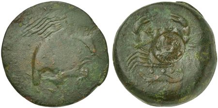 Sicily, Akragas, Tetras, before 406 BC. AE (g 10,91; mm 23; h 6). AKPA, eagle flying r., holding hare with claws, Rv. AKPA, crab; below, three pellets and crayfish l.; c/m: head of Herakles r., wearing lion skin, within incuse cir