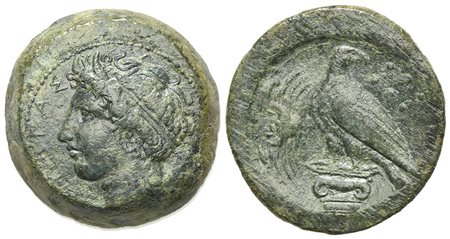 Sicily, Akragas, Hemilitron, ca. 400-380 BC. AE (g 17,09; mm 25,5; h 6). ΑΚΡΑΓΑΣ, Diademed head of river-god l.; Rv. Eagle standing l. on Ionic column, head r.; crab to l., six pellets to r. CNS 89; SNG ANS 1097-1101; HGC 2, 139. 