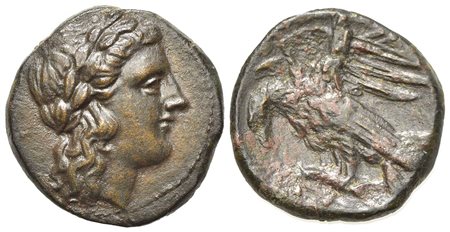 Sicily, Akragas. Phintias (287-279 BC). AE (g 5,57; mm 20; h 6). Laureate and beardless head of Zeus Hellanios r.; Rv. Two eagles standing l. on dead hare, one raising its head, the other tearing at hare. CNS 127; SNG ANS 1130-4; 