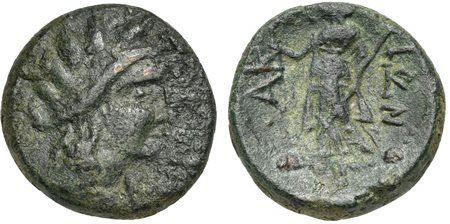 Sicily, Akrai, ca. 2nd-1st century BC; AE (g 7,52; mm 20; h 12); Wreathed head of Kore r.; Rv. AK[PA]IΩN, Kore standing l., holding torch and sceptre. Campana 1; CNS 1; HGC 2, 180. Rare, very fine