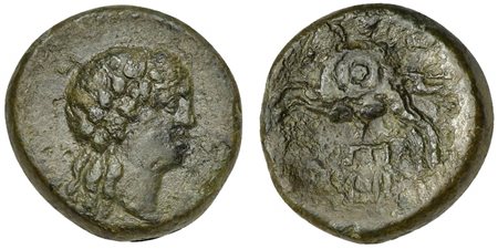 Sicily, Amestratos, late 3rd - early 2nd century BC; AE (g 4,85; mm 17; h 12); Head of Dionysos r., wearing ivy wreath; Rv. AMEΣTPATINΩN, Horseman (Leukaspis or Leukippos?) charging l., holding spear and round shield; [ΛEY] to upp