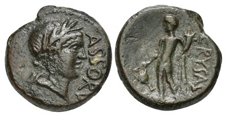 Sicily, Assoros, Hemilitron(?), late 1st century BC; AE (g 9,01; mm 22; h 11); ASSORV, Laureate head of Apollo r. R/ CRYSAS, Chrysas standing l., holding kantharos and cornucopia. CNS 1; RPC I 665; HGC 2, 230. Good very fine