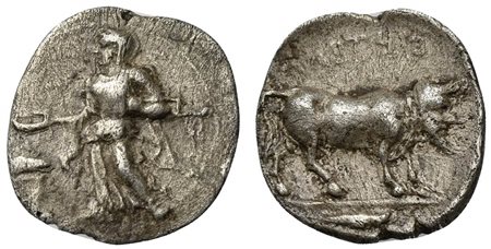 Sicily, Entella, Litra, Elymian issues, ca. 440-430 BC. AR (g 0,62; mm 11; h 12). Female figure standing l., sacrificing from phiale over altar and holding filleted temple key, Rv. ENTEΛΛA (retrograde), man-headed bull standing r.