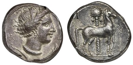 Sicily, Entella, Tetradrachm, ca. 345/38-320/15 BC; AR (g 16,90; mm 26; h 3); Head of Arethusa r., wearing wreath of grain ears, triple-pendant earring, and ornate necklace with pendants; three dolphins around, Rv. Horse standing 