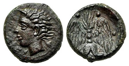 Sicily, Katane, Tetras or Trionkion, ca. 415/3-403/2 BC. AE (g 2,22; mm 12; h 4). AMENANOΣ, Horned head of Amenanos l.; Rv. K - A, Winged thunderbolt; three pellets around. CNS 1; HGC 2, 607. Good very fine