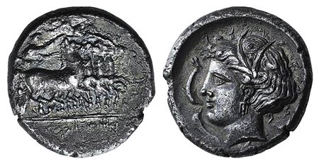 Sicily, Lilybaion (as ‘Cape of Melkart’), ca. 330-305 BC. AR Tetradrachm (22mm, 16.88 g, 11h). Charioteer, holding kentron and reins, driving fast quadriga r.; above, Nike flying l., crowning charioteer; Rv. Head of Arethusa l., w