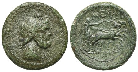 Sicily, Menaion, Pentonkion, ca. 200-150 BC. AE (g 3.79; mm 18.5; h 12). Laureate and draped bust of Serapis r., wearing atef crown; Rv. MENAINΩN, Nike driving biga r.; Π below. Campana 1B/b; CNS 2; HGC 2, 757. Green patina, near 