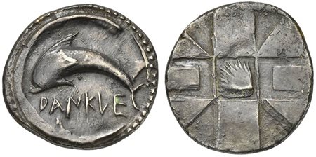 Sicily, Messana as Zankle, Drachm, ca. 500-493 BC; AR (g 5,55; mm 23; h 12); DANKLE, Dolphin l.; all within sickle-shaped harbor Rv. Nine-part incuse square with scallop shell in centre. SNG ANS 302; SNG Lloyd 1076; HGC 2, 766. To