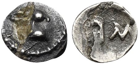 Sicily, Messana, Hexas, ca. 480-460 BC. AR (g 0,12; mm 6; h 6). Head of hare r., Rv. ME (retrograde). Caltabiano 277; SNG ANS 325; HGC 2, 825. Very rare. Cabinet tone and about extremely fine.