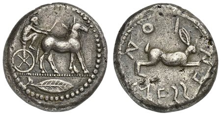 Sicily, Messana, Tetradrachm, 478-476 BC; AR (g 17,22; mm 26; h 12); Charioteer, holding kentron in l. hand and reins in both, driving slow biga of mules r.; laurel leaf in exergue Rv. MESSENION, Hare springing r. SNG ANS 318; HGC