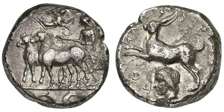 Sicily, Messana, Tetradrachm, 412-408 BC; AR (g 16,03; mm 24; h 11); The nymph Messana, holding reins in both hands, driving slow biga of mules l.; above, Nike flying r., crowning charioteer with wreath held in both hands; two dol