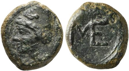 Sicily, Messana, Bronze, 4th century BC. AE (g 4,65; mm 16; h 12). Head of Hephaistos l., Rv. ME in monogram. BMC-; Gabrici p. 147 5 and pl. II, 17 (Messana); Gill 1.D. McClean -; SNG Copenhagen-; Giuseppe Buceti, Messana, Page 30