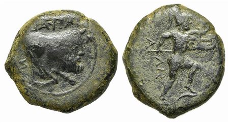Sicily, Sileraioi, ca. 354/3-344 BC. AE (g 8,34; mm 21; h 9). ΣIΛEPAIΩN (retrograde), Forepart of man-headed bull r.; Rv. ΣIΛ (retrograde), Warrior advancing r., holding shield and spear. Campana 2; CNS 2; SNG ANS -; HGC 2, 1243. 