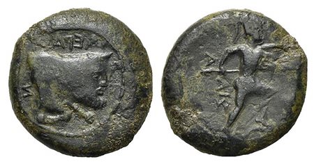 Sicily, Sileraioi, ca. 354/3-344 BC. AE (g 8,97; mm 20,5; h 11). ΣIΛEPAIΩN (retrograde), Forepart of man-headed bull r.; Rv. ΣIΛ (retrograde), Warrior advancing r., holding shield and spear. Campana 2; CNS 2; SNG ANS -; HGC 2, 124