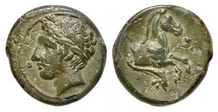 Sicily, Soloi (Kefra), ca. 406-397 BC. AE (g 2,64; mm 14,5; h 11). Laureate head of Apollo l.; Rv. Forepart of horse r.; dolphin below. CNS 12H (Panormos-Ziz); HGC 2, 1260. Green patina, near very fine