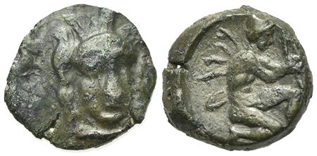 Sicily, Soloi, Tetras, late 4th century BC. AE (g 2,30; mm 13,5; h 8). Head of Athena facing slightly r., wearing Corinthian helmet; Rv. Warrior kneeling r., drawing bow. Campana 12a; CNS 5; SNG ANS 740-2; HGC 2, 1254. Very fine