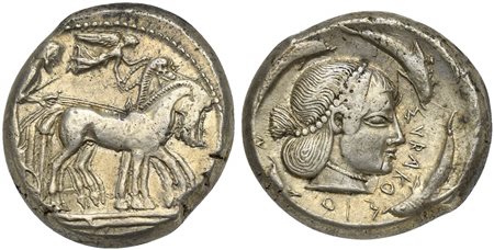 Sicily, Syracuse, Hieron I (478-466); AR Tetradrachm; ca. 478-475 BC (g 17,37; mm 24; h 9); Charioteer driving quadriga r.; above, Nike flying r., crowning horses; Rv. ΣVRAKOΣION, Diademed head of Arethusa r.; four dolphins around