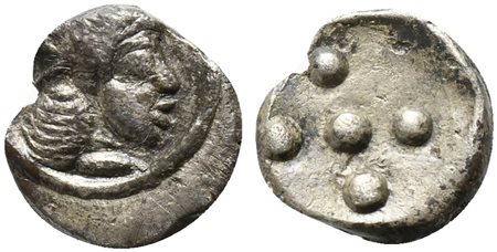 Sicily, Syracuse. Hieron I (478-466 BC); AR Pentonkion (g 0,20; mm 6; h 2); Diademed head of Arethousa r. Rv. Five pellets (mark of value). Boehringer 371–2; HGC 2, 1394. Rare, good very fine