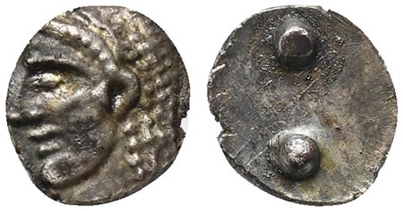Sicily, Syracuse. Hieron I (478-466 BC); AR Hexas or Dionkion (g 0,12; mm 5; h 12); Diademed head of Arethousa l. Rv. Two pellets (mark of value). Boehringer 373 var. (head r.); HGC 2, 1394 var. (same). Extremely rare, extremely f