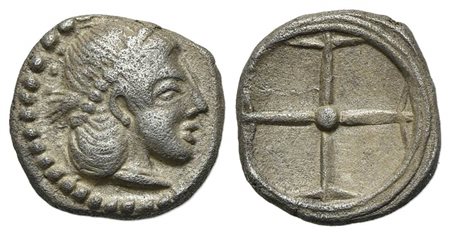 Sicily, Syracuse. Hieron I (478-466 BC). AR Obol; ca. 475-470 (g 0,65; mm 9). Diademed head of Arethusa r.; Rv. Wheel of four spokes. SNG ANS 116; HGC 2, 1371. Good very fine