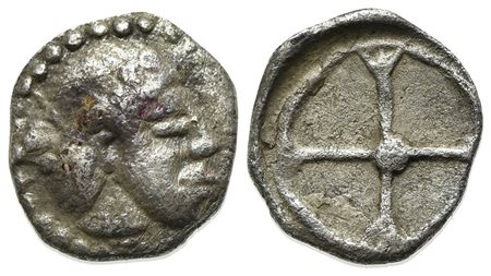 Sicily, Syracuse. Hieron I (478-466 BC). AR Obol; ca. 475-470 (g 0,47; mm 8,5). Diademed head of Arethusa r.; Rv. Wheel of four spokes. SNG ANS 116; HGC 2, 1371. Very fine