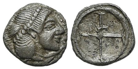 Sicily, Syracuse. Hieron I (478-466 BC). AR Obol; ca. 475-470 (g 0,56; mm 9). Diademed head of Arethusa r.; Rv. Wheel of four spokes. SNG ANS 116; HGC 2, 1371. Very fine