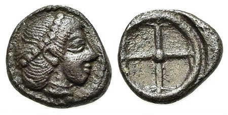 Sicily, Syracuse. Hieron I (478-466 BC). AR Obol; ca. 475-470 (g 0,66; mm 8). Diademed head of Arethusa r.; Rv. Wheel of four spokes. SNG ANS 116; HGC 2, 1371. Very fine