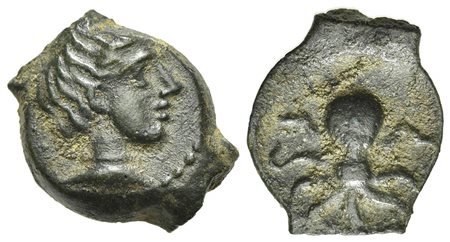 Sicily, Syracuse, Onkia, ca. 435-415 BC. AE (g 1,39; mm 11; h 6). Head of Arethusa r.; dolphin behind; Rv. Octopus. CNS 10; HGC 2, 1434. Green patina, very fine
