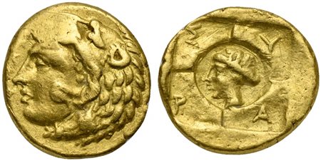 Sicily, Syracuse, Dionysios I (405-367 BC); AV 20 Litrai – Tetradrachm (g 1,17; mm 10; h 10); Head of Herakles l., wearing lion skin; [ΣY-PA] to l. Rv. Quadripartite incuse square, Σ-Y-P-A in quarters; in deeper incuse circle in c