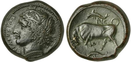 Sicily, Syracuse, Hemilitron struck under Agathokles, ca. 317-289 BC. AE (g 10,71; mm 22; h 1). ΣΥΡΑΚΟΣΙΩΝ, wreathed head of Kore l.; behind, barley grain, Rv. Bull butting l.; above NK and dolphin; below, dolphin. CNS 96; HGC 144