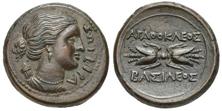 Sicily, Syracuse, Litra struck under Agathokles, ca. 317-289 BC. AE (g 9,86; mm 24; h 7). ΣΩTEIPA, head of Artemis Soteira r., quiver over shoulder, Rv. AΓAΘOKΛEOΣ BAΣIΛEOΣ, winged thunderbolt. CNS 142; SNG Copenhagen 779; SNG ANS