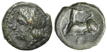 Sicily, Syracuse. Agathokles (317-289 BC); AE (g 1.95; mm 12.5; h 11). Laureate head of Apollo l.; Rv. Hound seated l., head r.; Σ below. CNS 149; cf. SNG ANS 744-5; HGC 2, 1425. Green patina, very fine